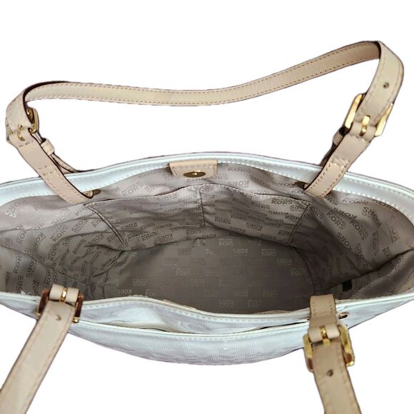 Michael Kors Jet Set Travel Medium Saffiano Leather Top-Clip Tote Bag in White - Picture 10 of 13